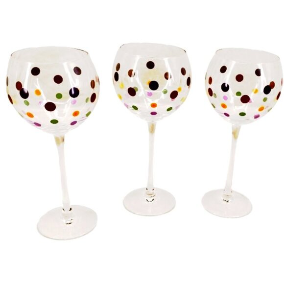 Pampered Chef Dots Collection Wine Glasses ~ 3 Balloon Goblets Discontinued EUC - Picture 2 of 8